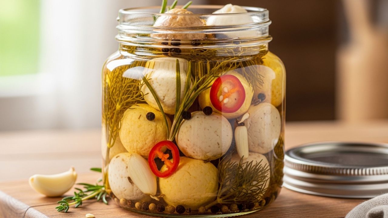 A clear glass jar filled with goat cheese balls, fresh rosemary, and golden olive oil