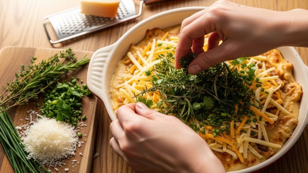 A hand placing cheese balls into a jar with garlic and peppercorns