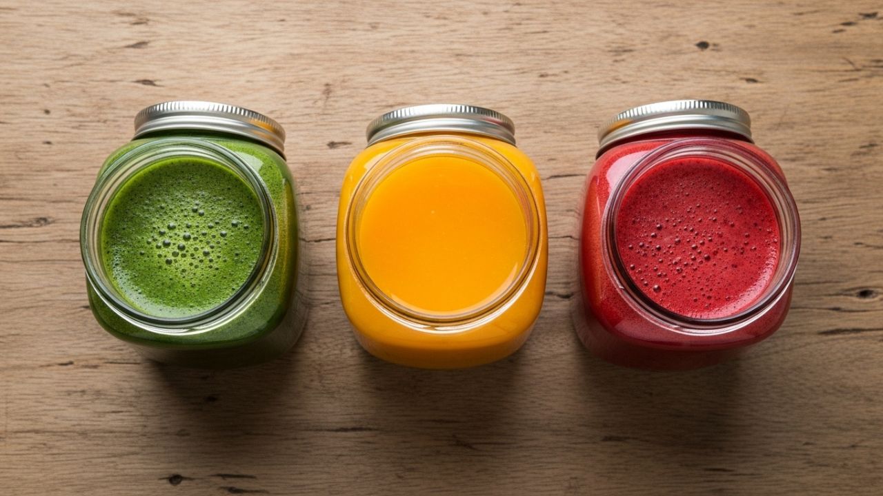 A variety of colorful homemade fresh juice recipes in glass jars including green, carrot, and beet juice.