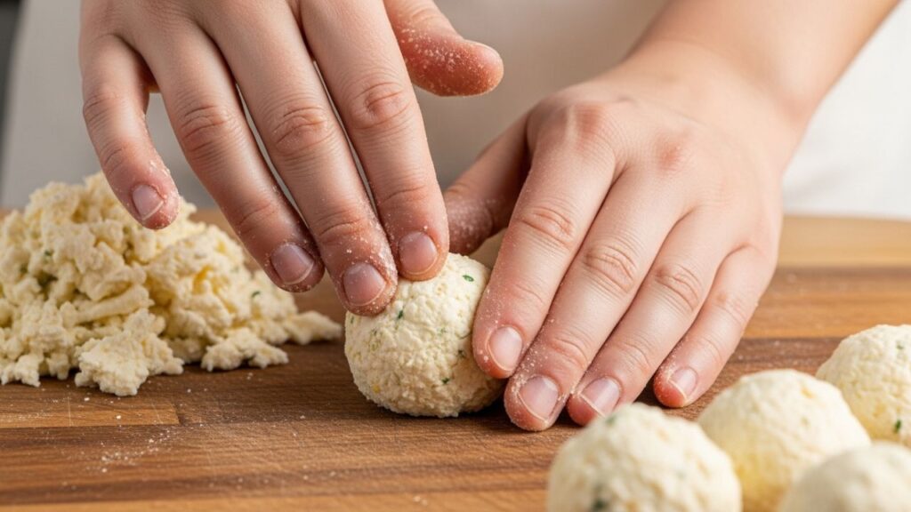 Close-up of hands rolling white goat cheese into perfect spheres