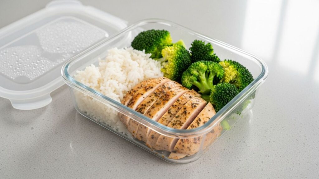 Stored Purple Onion Chicken meal prep with rice and broccoli.