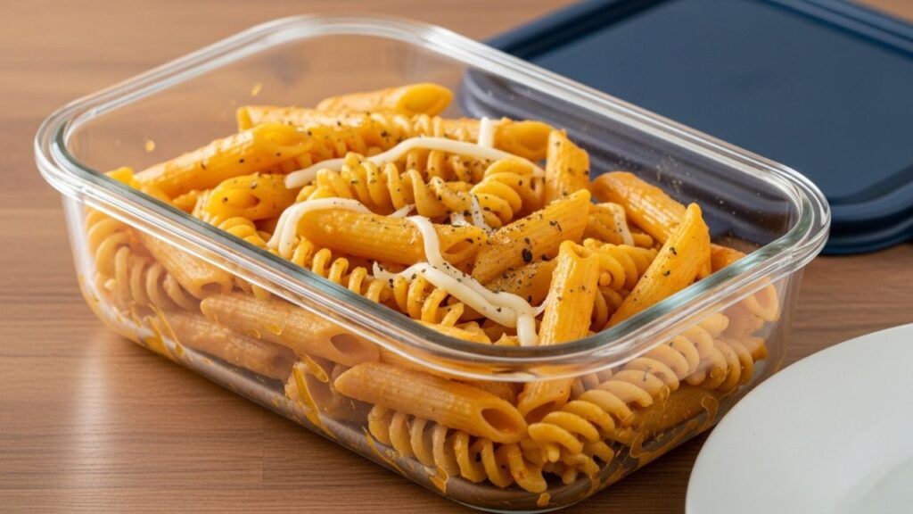 Storing leftover three cheese pasta in an airtight container for freshness.