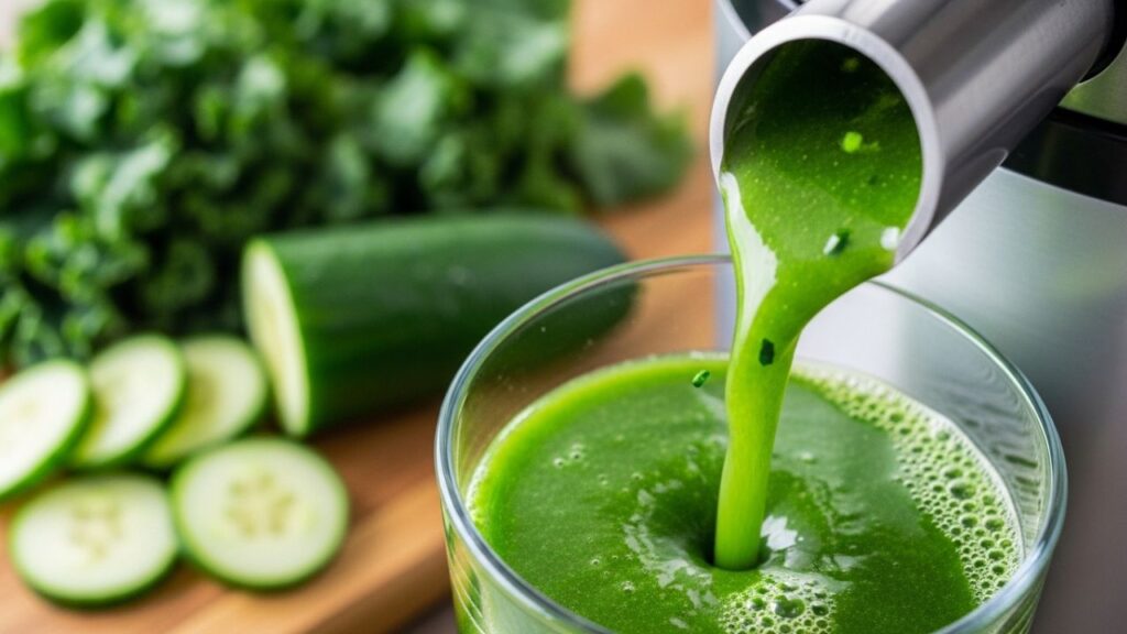 The process of making fresh juice recipes at home using a centrifugal juicer.