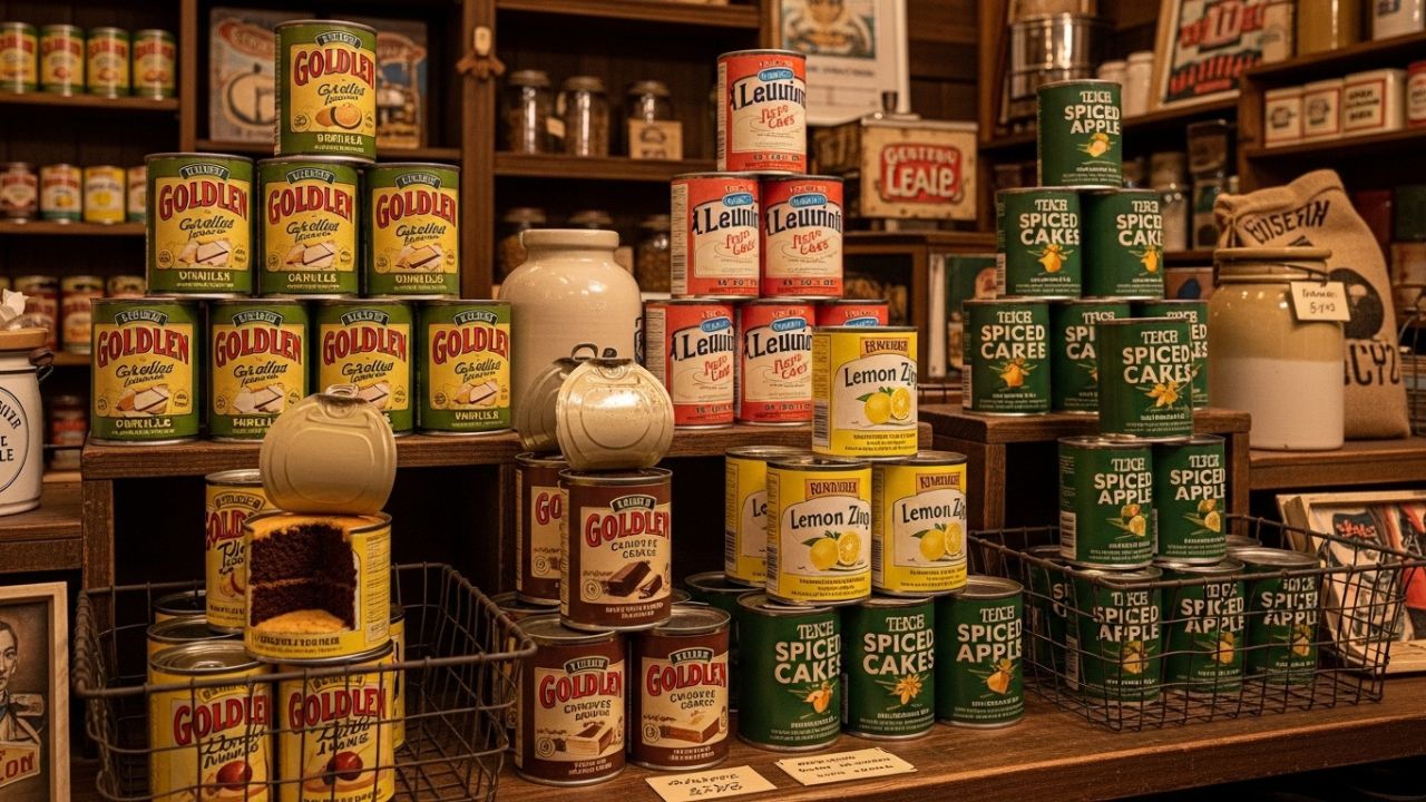 Three golden-brown cakes standing upright in tin cans on a rustic wooden background)