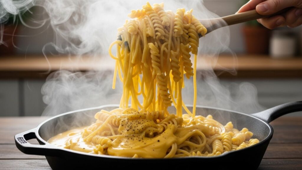 Tossing pasta in a smooth, perfectly melted three cheese sauce without clumps.