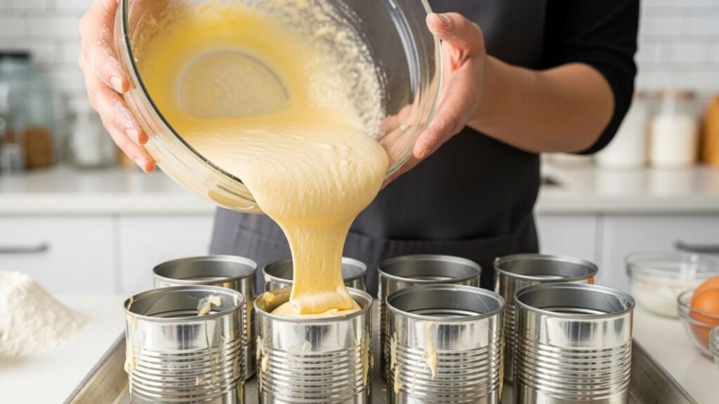 _Vanilla cake batter being poured into a tin can until it is half full)