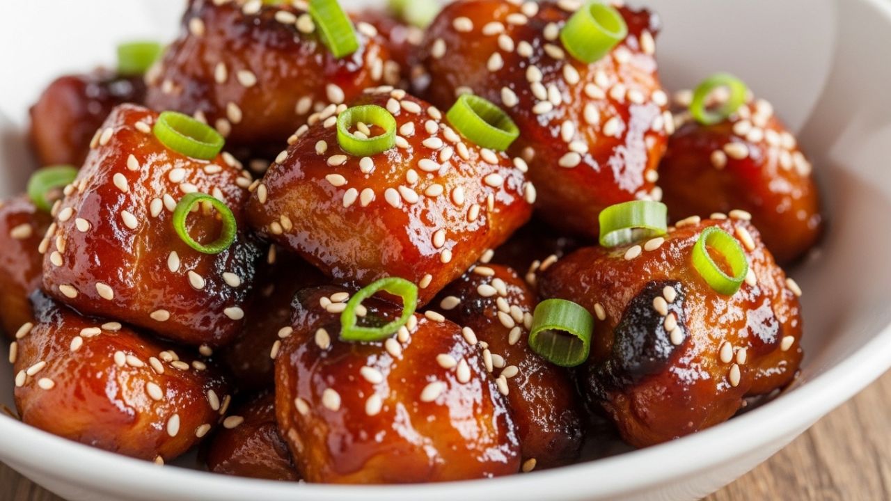 _A bowl of glistening Homemade Teriyaki Chicken with rice and sesame seeds.