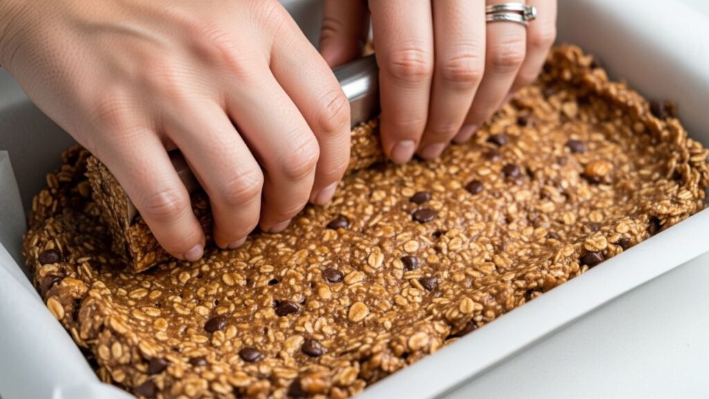 A hand using a glass to flatten protein bar dough into a square tin