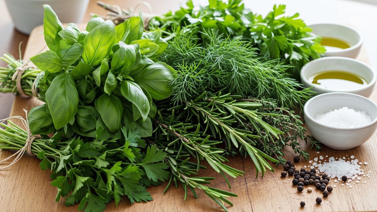 An assortment of fresh herbs like basil and rosemary on a wooden board.