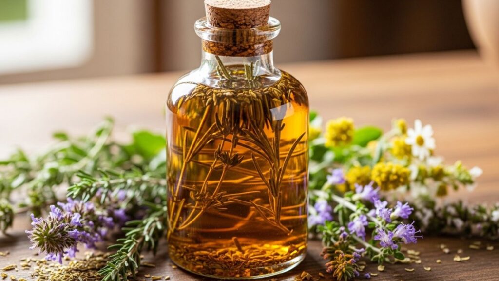 _Dried spices and herbs sizzling in a pan with olive oil to release aromatics.