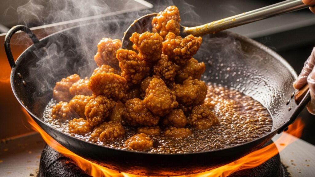 _General Tso's style chicken being coated in a glossy sauce.