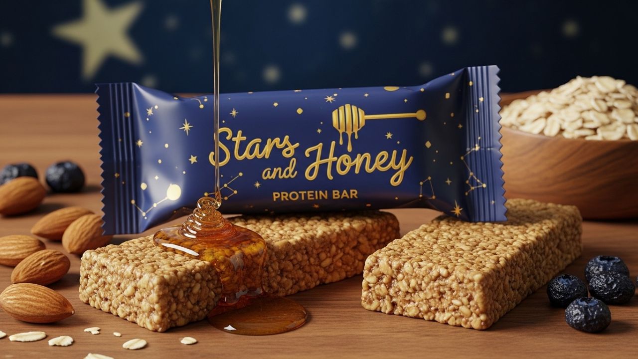 Thick chewy protein bars drizzled with honey and seeds on parchment paper