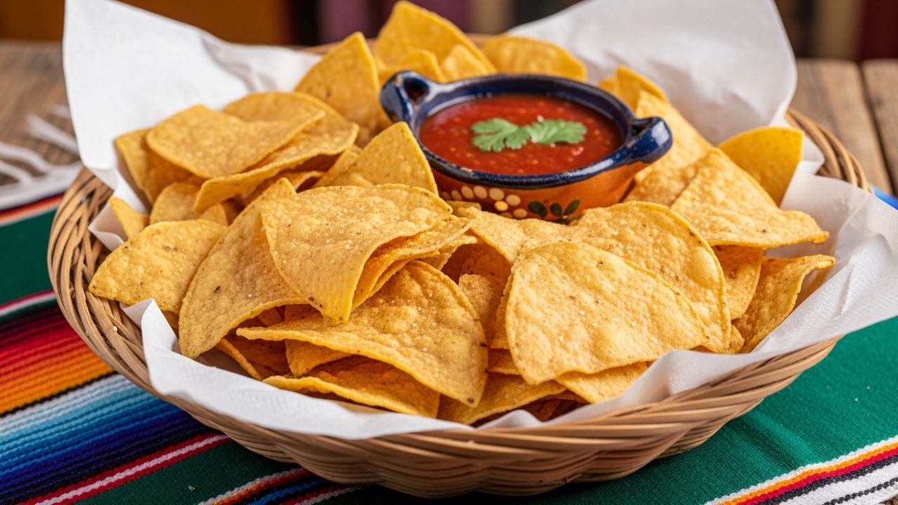 _A basket of fresh, golden corn tortilla chips with salsa on a wooden table.