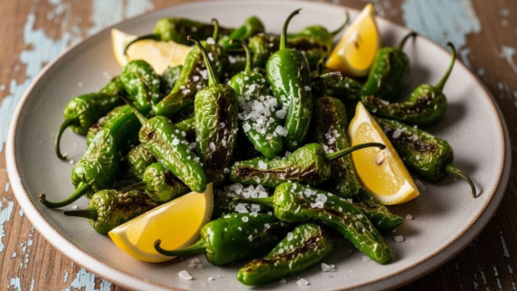 A finished Shishito Peppers Recipe served on a plate with lemon wedges.