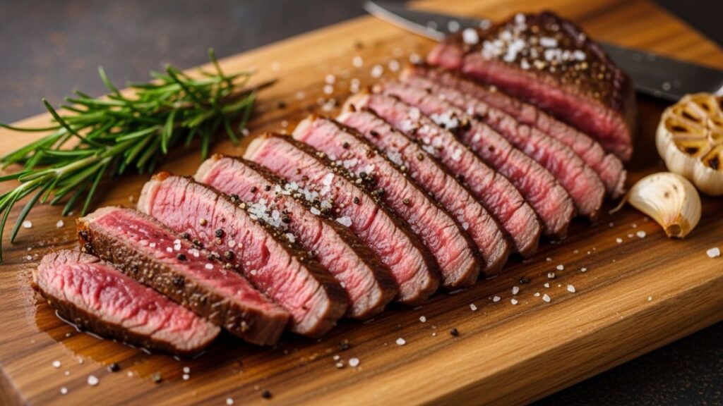 A finished mini longhorn steak recipe sliced to show a juicy pink interior.