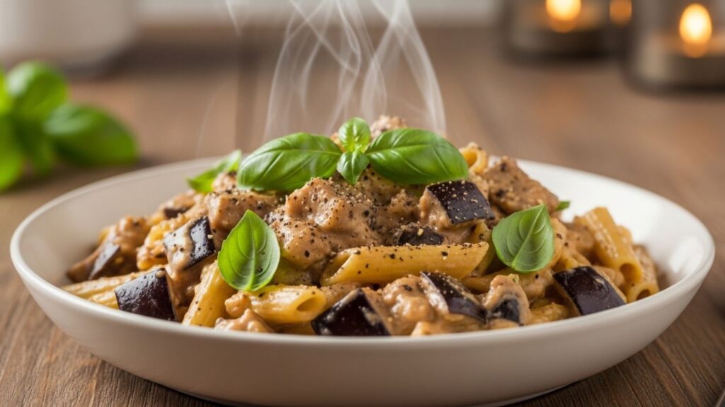 A finished plate of Creamy Eggplant Pasta Recipe garnished with herbs and spices.