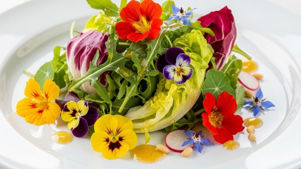 A finished plate of a Homemade Gourmet Salad Recipe with vibrant toppings.
