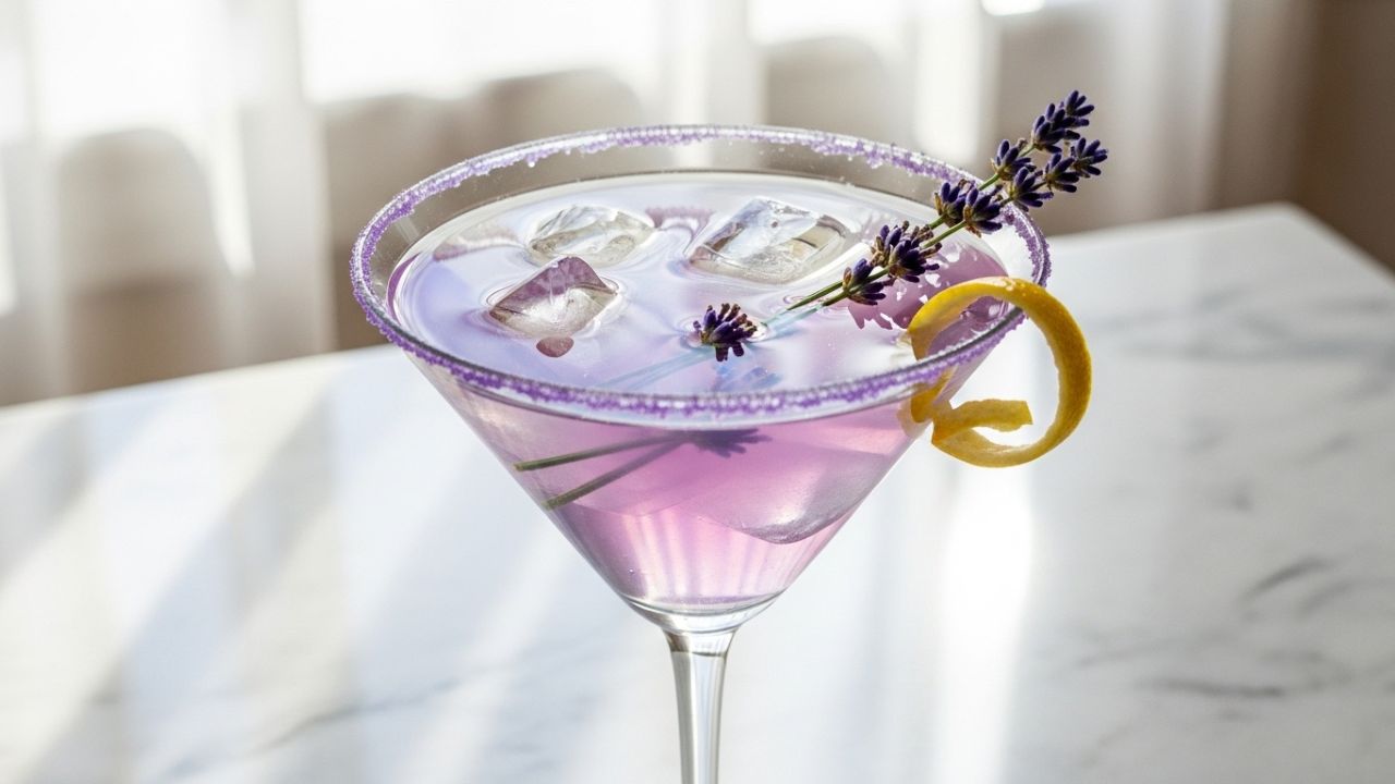_A pale purple lavender martini with a sugar rim and lemon garnish