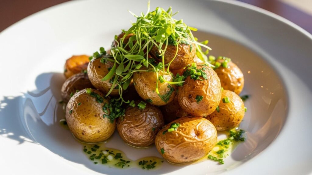 _A plate of golden brown smoky roasted potatoes with fresh parsley garnish