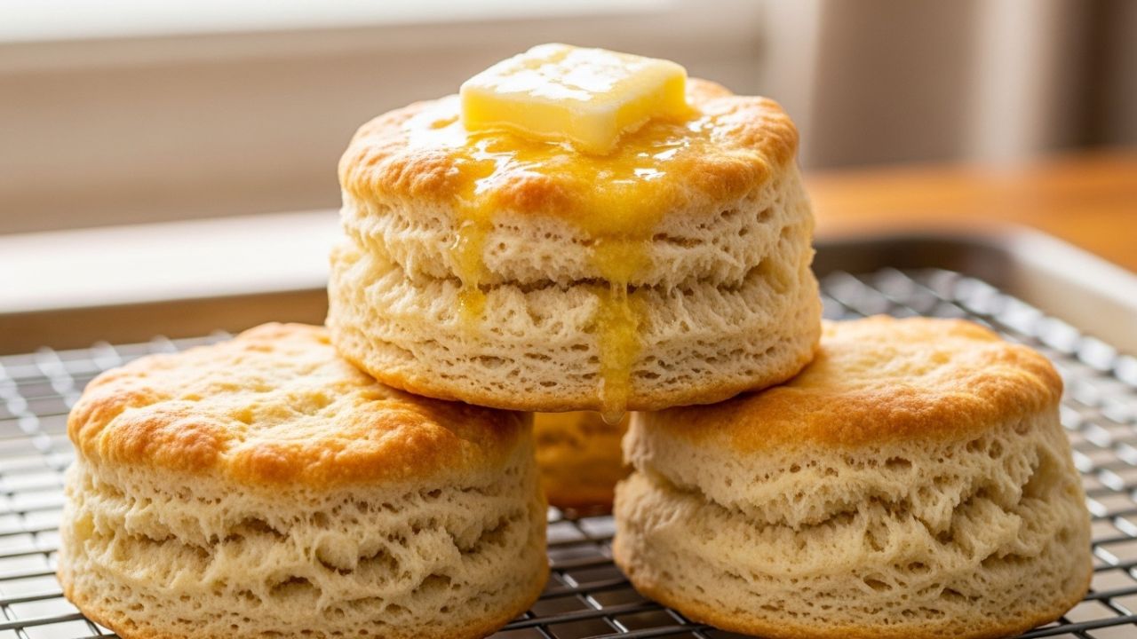 A stack of flaky, golden-brown homemade biscuits from a traditional buttermilk biscuit recipe.