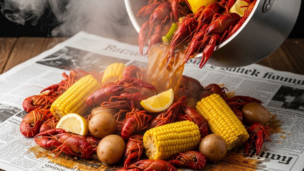 A steaming Cajun seafood boil recipe featuring crab, shrimp, corn, and sausage poured onto a table for serving.