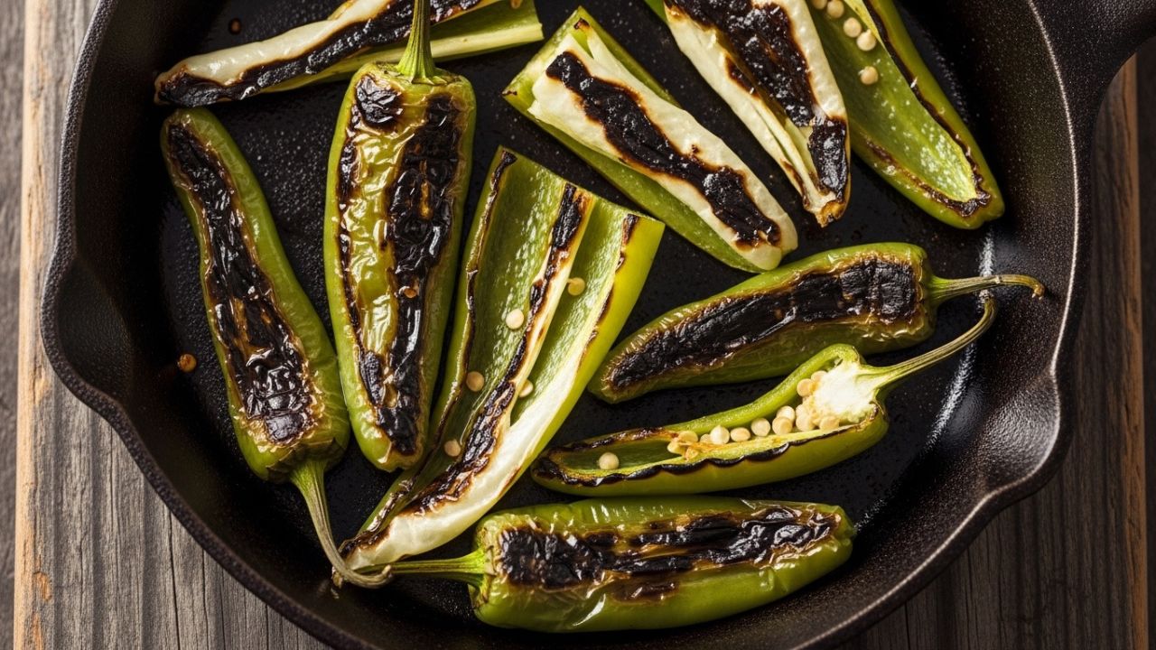 _Charred shishito peppers blistering in a hot cast iron skillet.