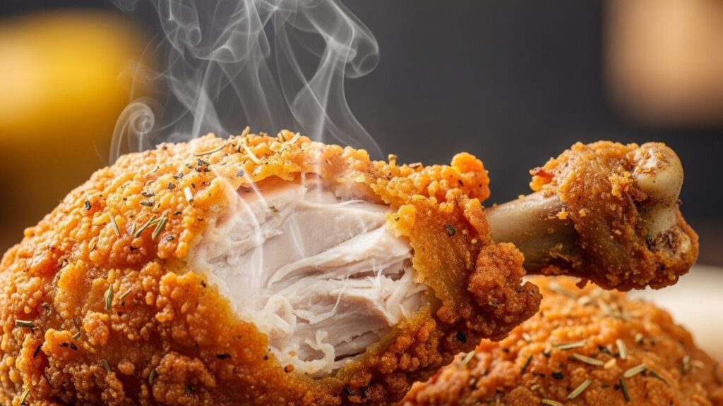 Close-up of juicy fried chicken showing the perfect ratio of meat to crispy crust.