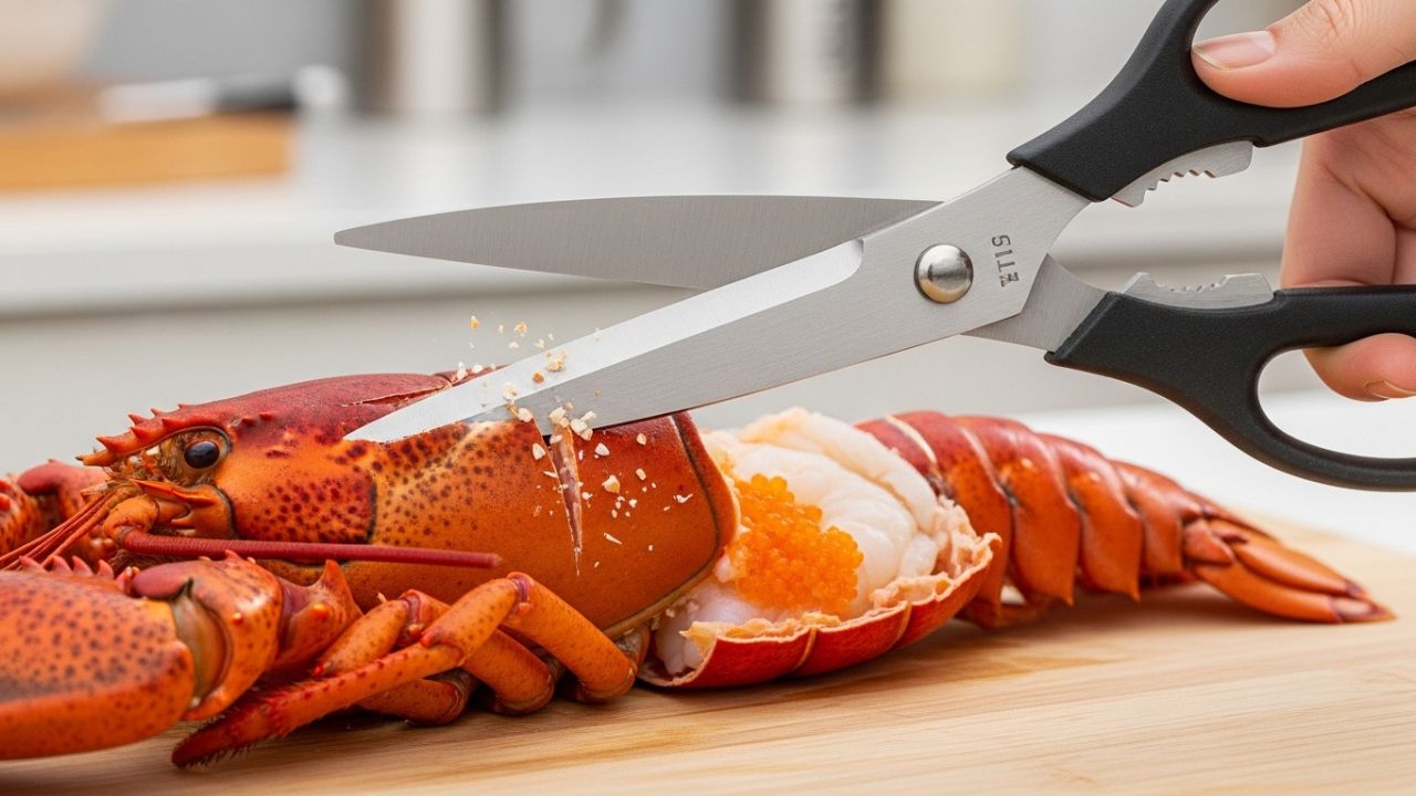 _Close-up of kitchen shears butterflying a raw lobster tail for poaching.