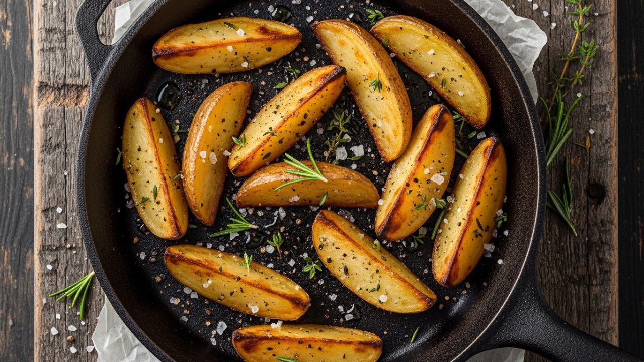 Crispy roasted russet potato wedges seasoned with liquid smoke and herbs in a cast-iron skillet