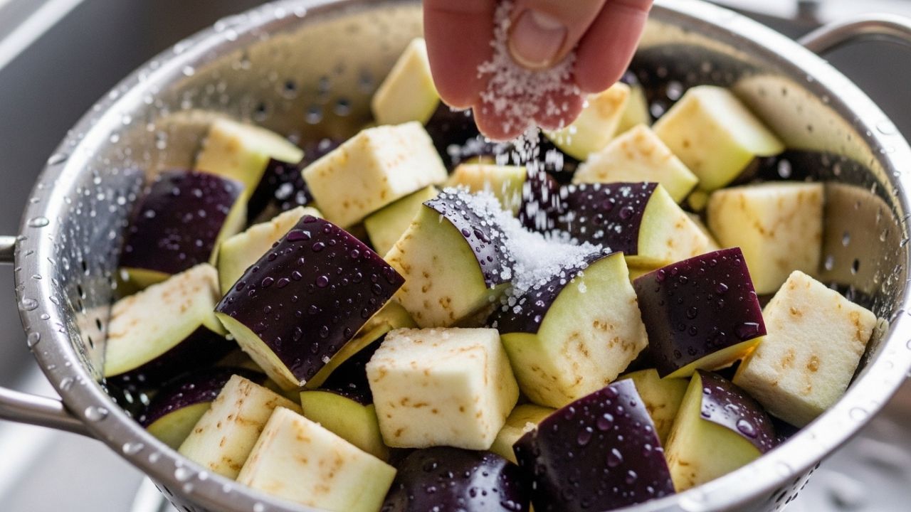 _Cubed raw eggplant being pre-salted in a metal colander to remove moisture.