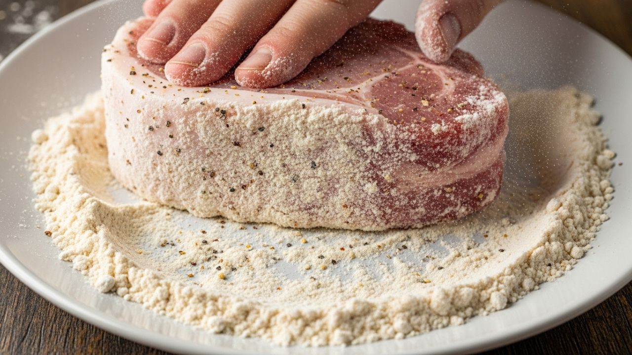 Dredging a thick-cut pork chop in seasoned flour for searing.