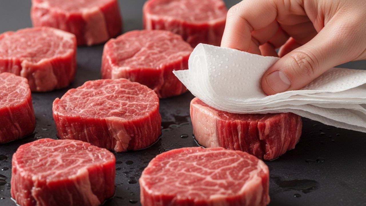 Drying raw steak medallions with a paper towel to prepare for searing.