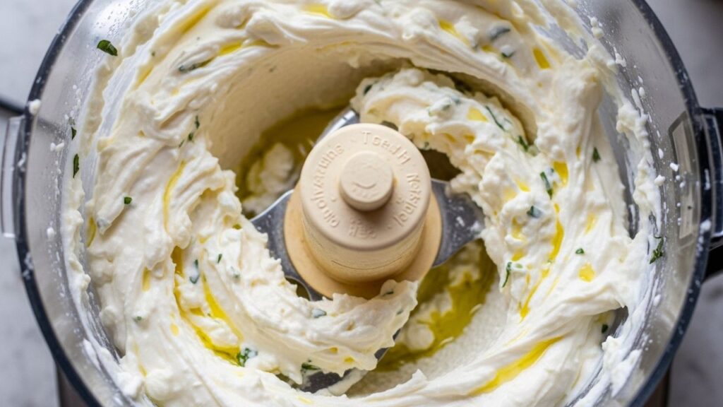 Food processor blending feta into a smooth creamy dip