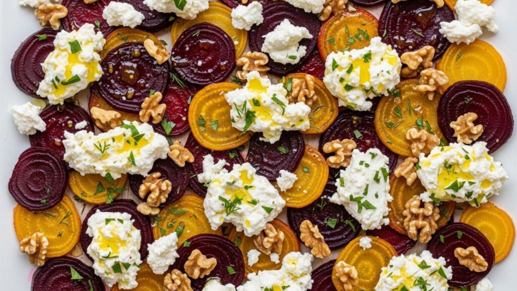 Fresh ingredients for a roasted beet and goat cheese gourmet salad recipe.