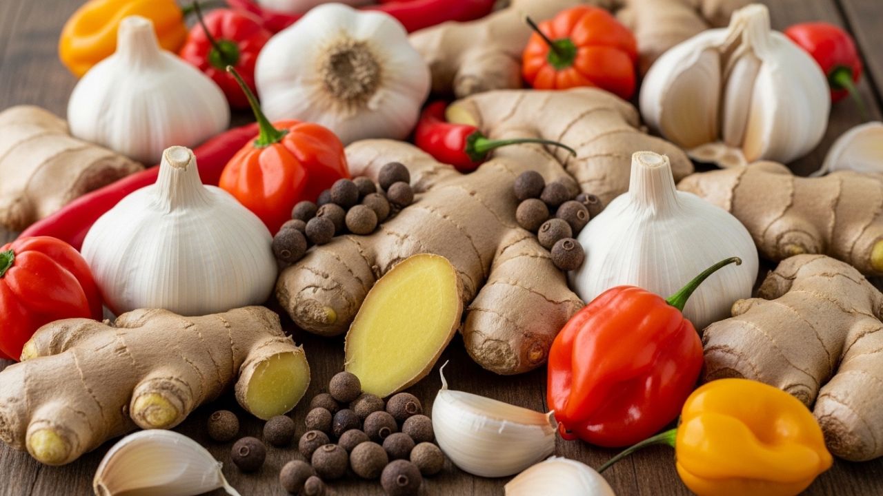 _Fresh ingredients for homemade Caribbean jerk seasoning paste.
