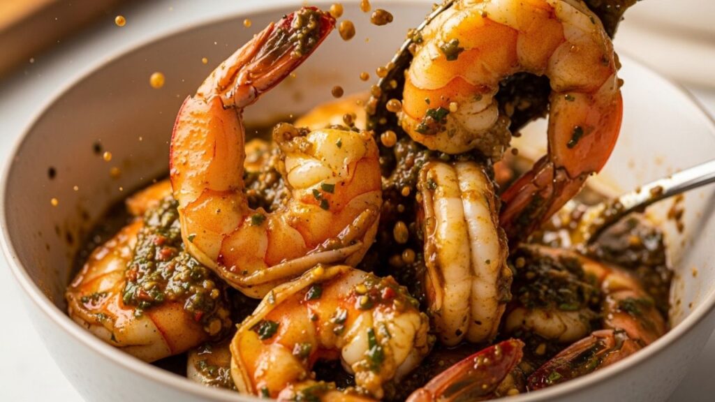 Marinating jumbo shrimp in a flavorful herb and spice wet rub.