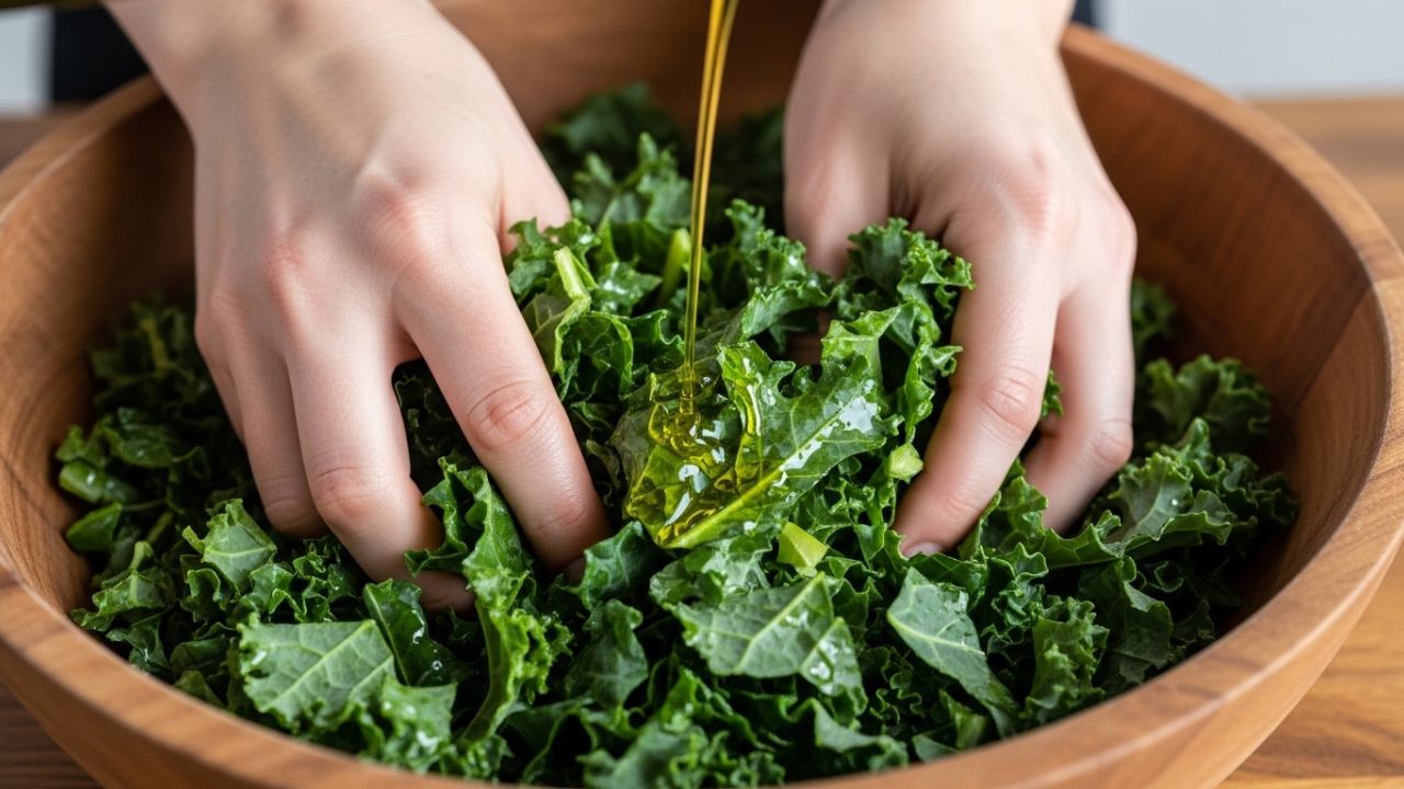 Massaging kale leaves with olive oil to soften the texture for a gourmet salad.