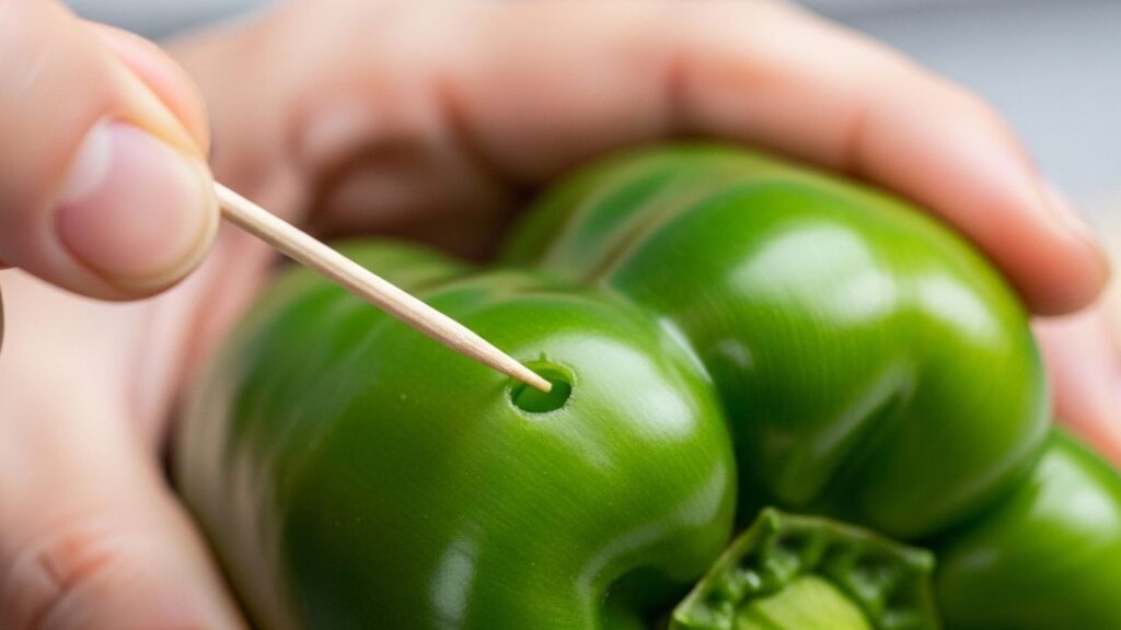 _Poking a steam vent in a raw shishito pepper before cooking.