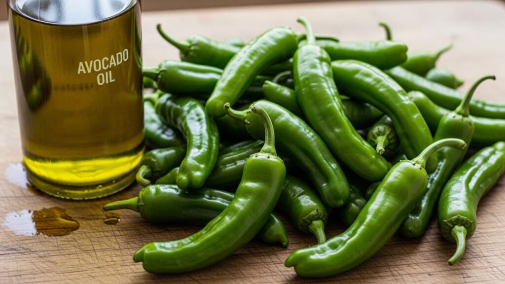 Raw green shishito peppers and high-heat cooking oil.