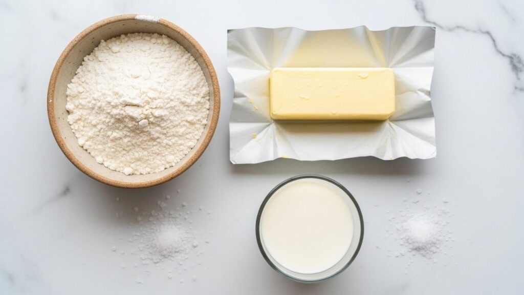 Raw ingredients for a buttermilk biscuit recipe including cold butter, flour, and fresh buttermilk.