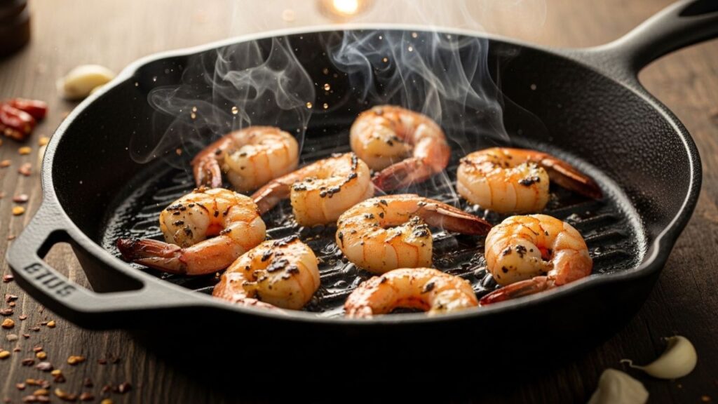 _Searing jerk shrimp in a hot cast iron skillet for a smoky char.
