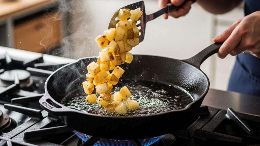 _Tossing parboiled russet potatoes in a smoky oil and paprika mixture on a baking sheet