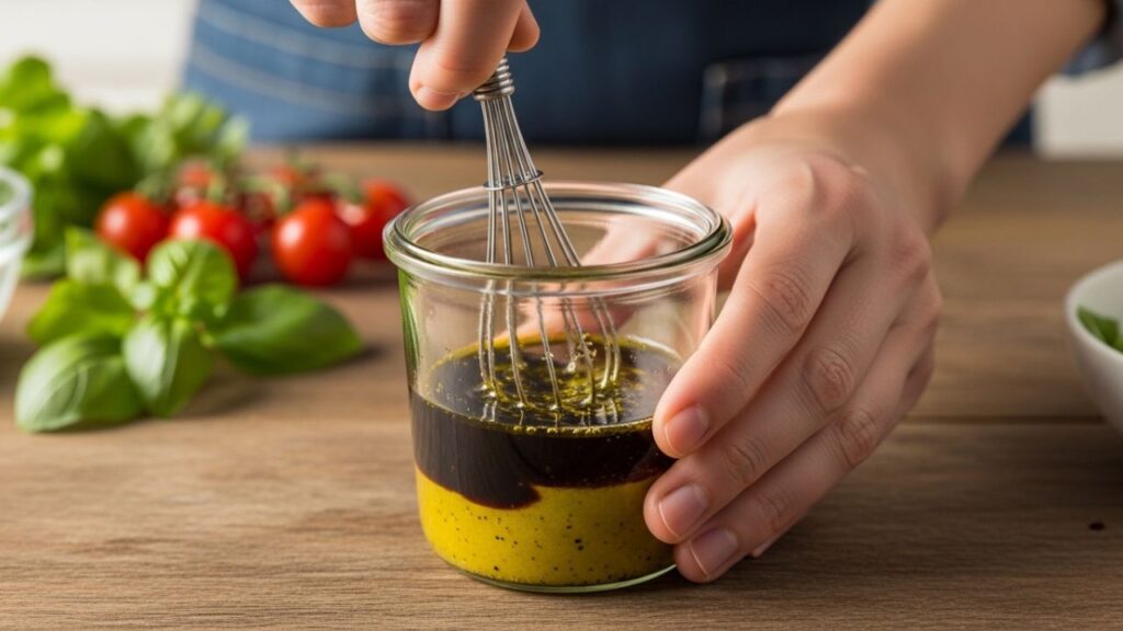 _Whisking a balsamic vinaigrette dressing for a homemade salad.