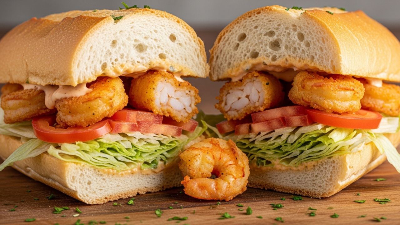 A classic New Orleans Shrimp Po’ Boy sandwich dressed with lettuce, tomato, and pickles.