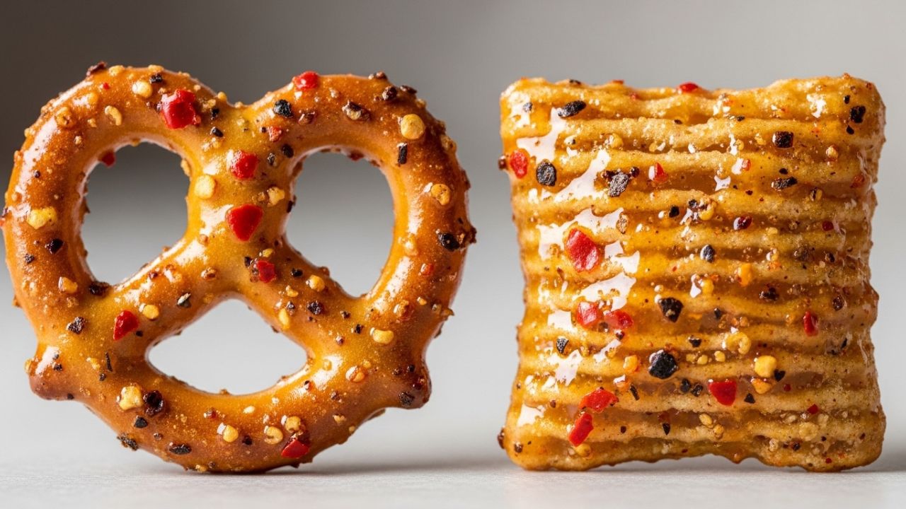 A close-up of the crispy glaze on a homemade sweet and spicy snack mix.