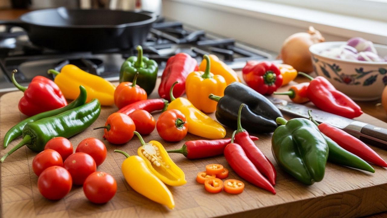 A colorful variety of chili peppers used for cooking with chili peppers in a home kitchen.
