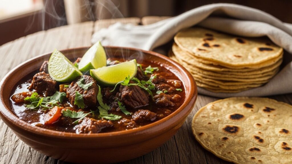 A finished plate of Ixtapa beef with peppers, onions, and lime garnish.