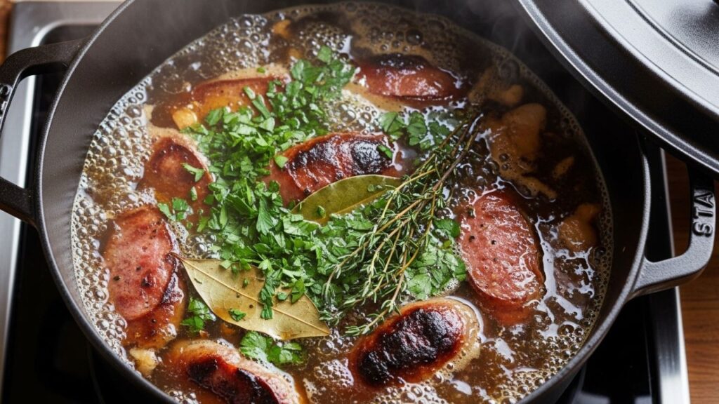 A large pot of Southern gumbo simmering with smoked sausage and cajun spices.