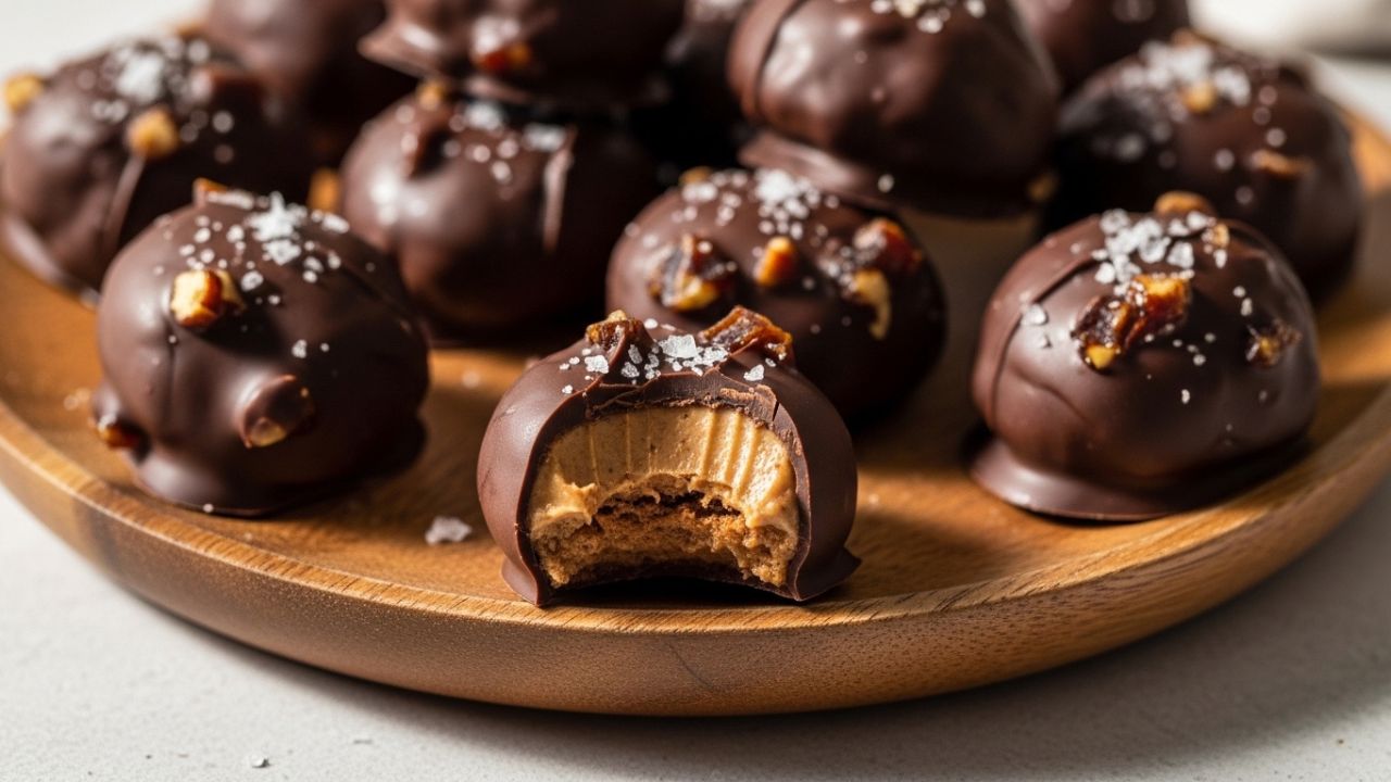 _A platter of Medjool dates stuffed with peanut butter and coated in dark chocolate with sea salt.