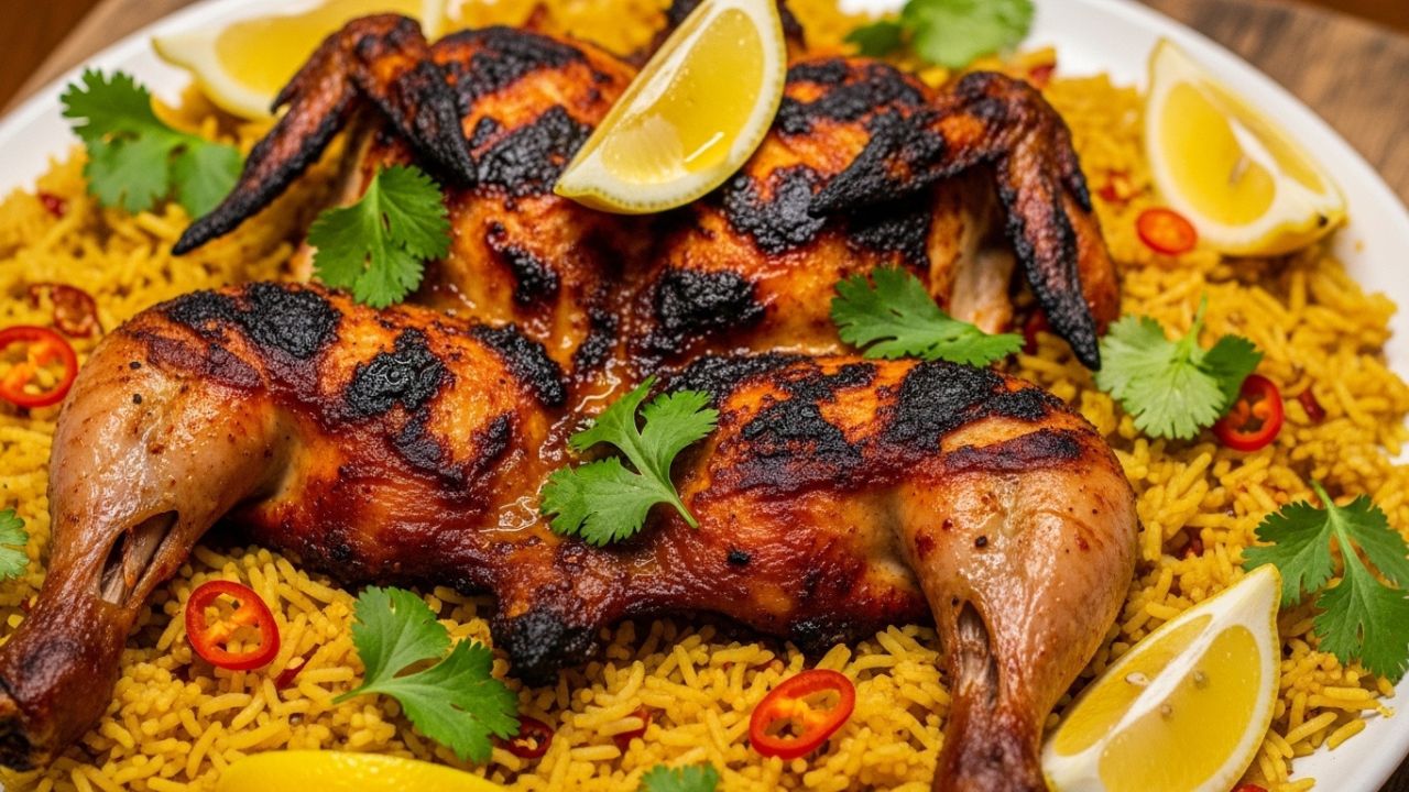 A platter of spicy Peri Peri Grilled Chicken with rice and lemons.
